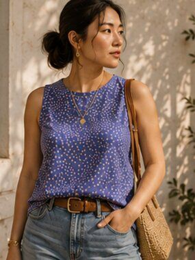 Vintage Silk Polka Dots Blue/Yellow Sleeveless Top 10 European Vibe Due per Due